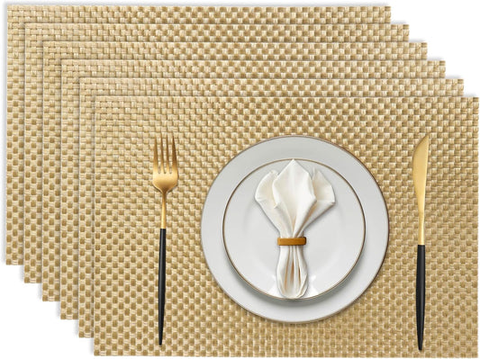 Vinyl Plastic Placemats Set of 6 Washable Heat Resistant Non-Slip Elegant Indoor Outdoor Kitchen Dining PVC Woven Table Place Mats (Gold Weaving)