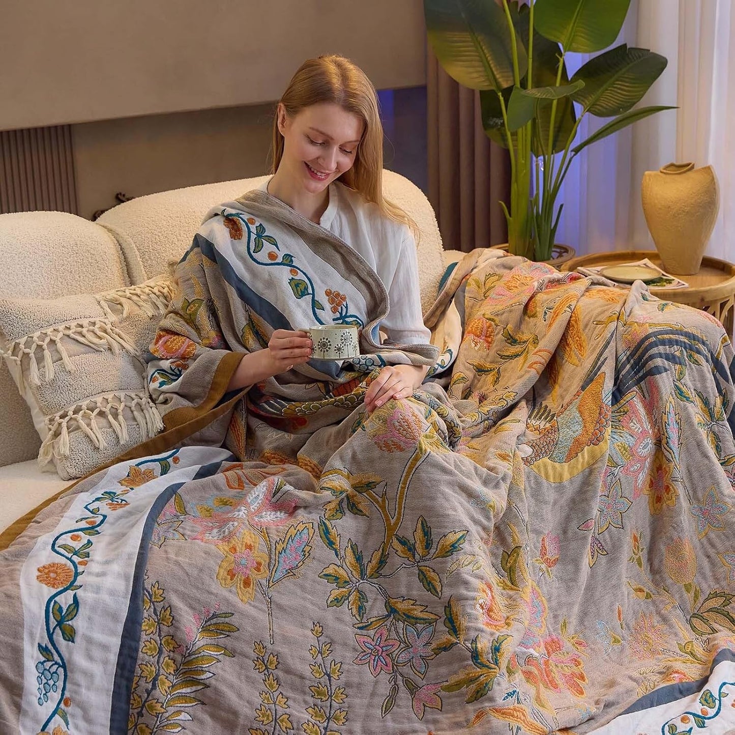 Boho Blanket, 100% Cotton Farmhouse Decorative Throw Blanket, 80"x90" Reversible Bohemian Throw Blanket, Brown All Season Muslin Breathable Woven Blankets Quilt