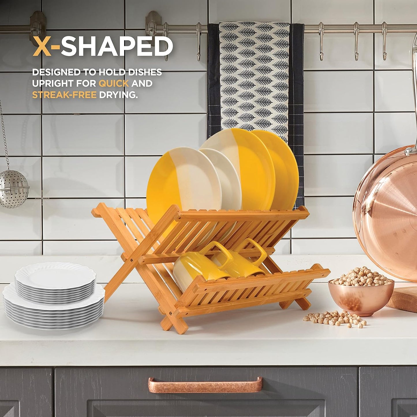 BAMBUSI Dish Drying Rack - Collapsible 2-Tier Bamboo Dish Rack for Kitchen Counter, Wooden Dish Drainer with Foldable Space-Saving Design - Drying Rack for Dishes, Plates, and Cups - Housewarming Gift