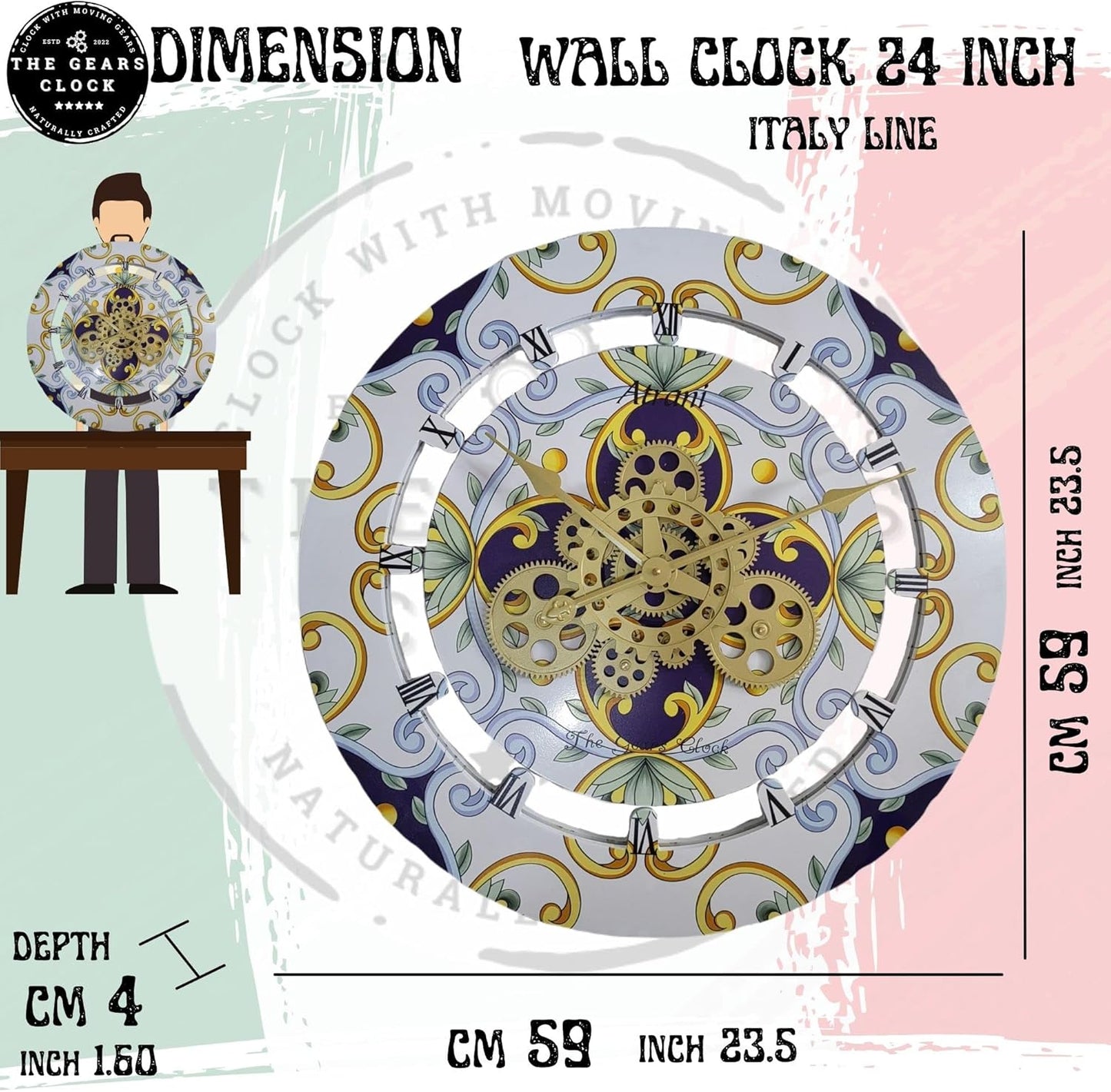 The Gears Clock Wall Clock Italy Collection with Moving Gears (Minori, 24 inch Round)