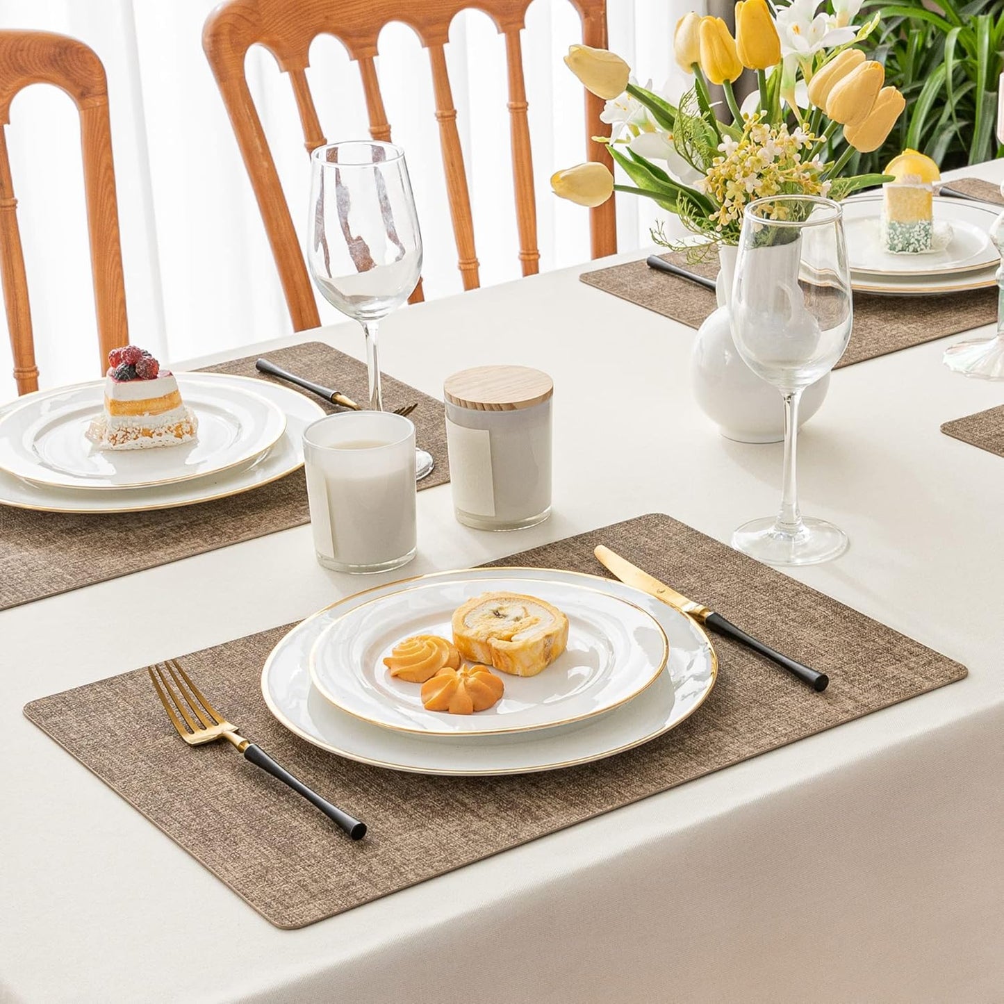 Romanstile Vinyl Placemats Set of 4-12 X 18 Inch - Heat Resistant Place Mats 100% Waterproof Oilproof Wipeable Reversible Faux Leather Table Mats for Kitchen/Dining/Party/Outdoor, Coffee