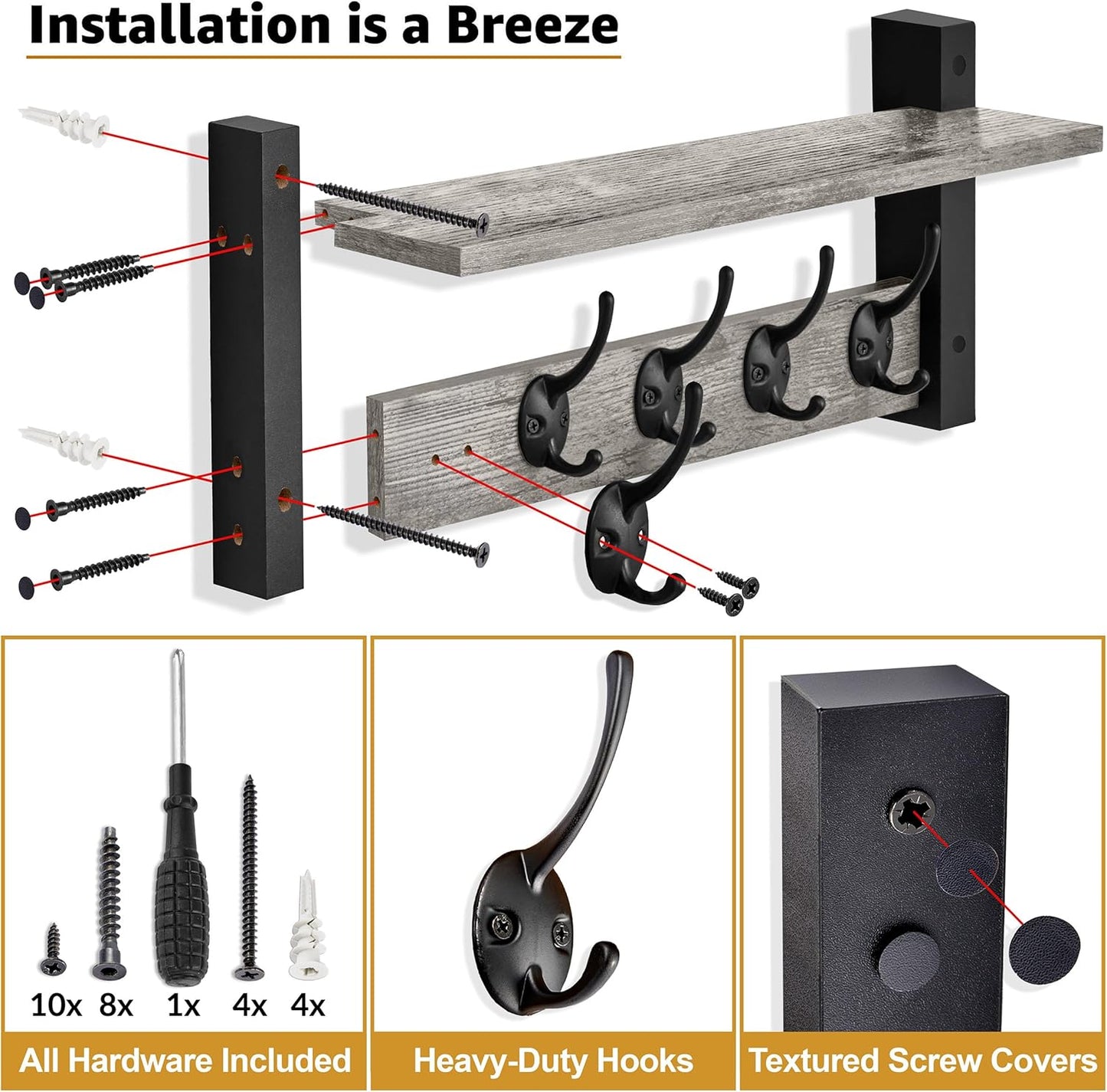 Sorbus Coat Hooks Wall Mount with Shelf – 16 Inch Coat Rack Wall Mount with 5 Heavy Duty Hooks – Floating Wall Shelf with Hooks for Entryway, Bathroom, Bedroom, Kitchen, or Mudroom (Gray)