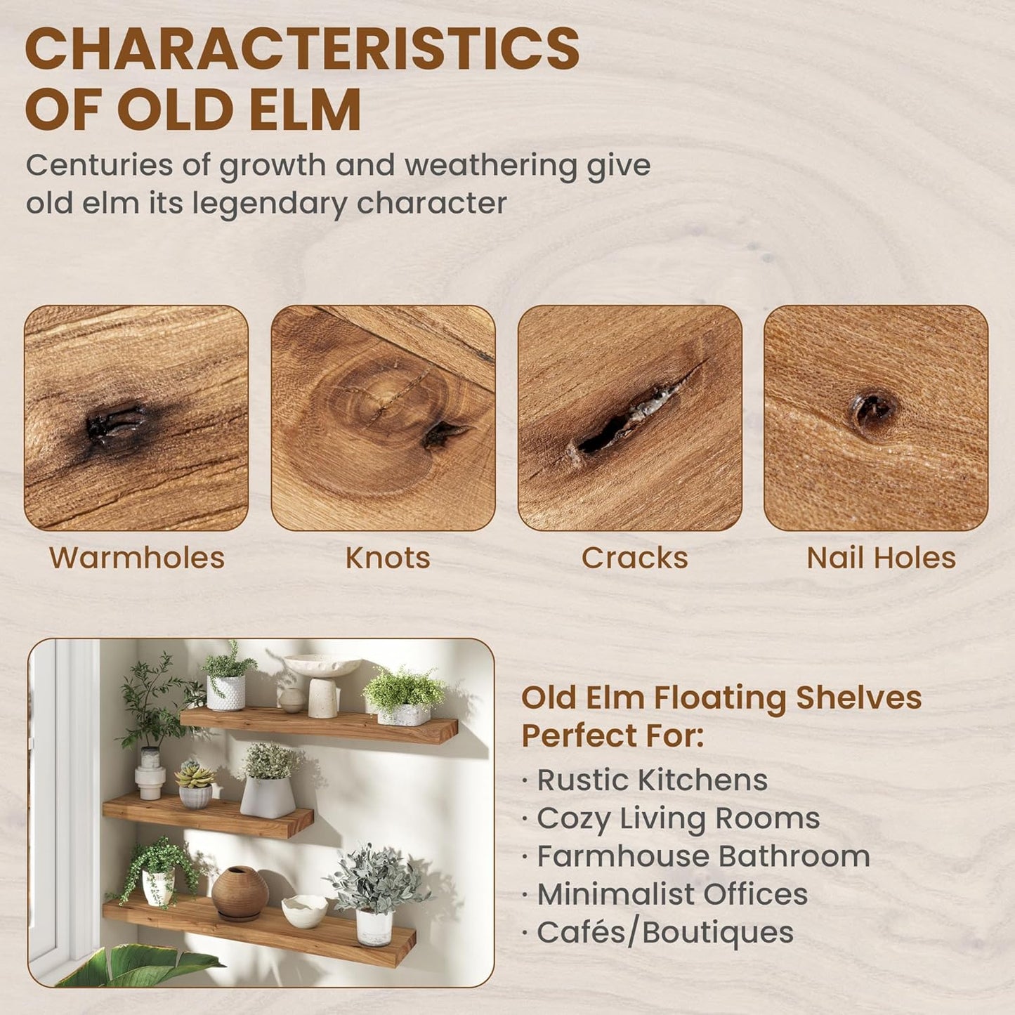 Wood Floating Shelves for Wall, 24" Floating Shelves Wall Mounted, Rustic Old Elm Wood Shelf for Home Decor, Heavy-Duty Storage Shelves for Books, Bathroom, Kitchen, Natural Color, Set of 2