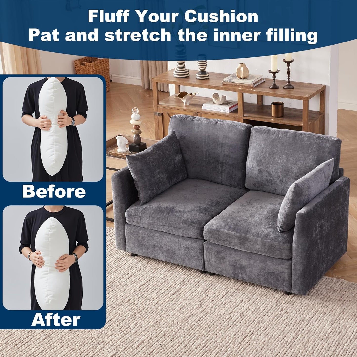 Tbfit 59" Loveseat Sofa, Chenille Small Sofa Couch, Love Seat with 2 Pillows for Small Space, Bedroom & Living Room, Grey