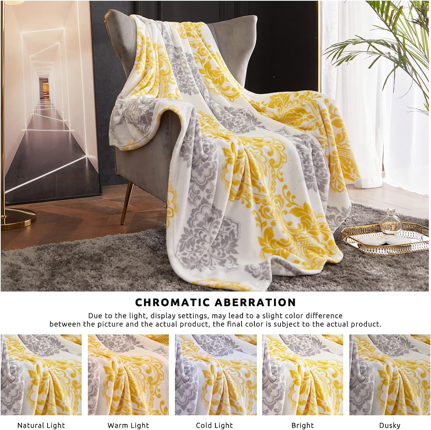CASAAGUSTO Boho Throw Blanket - Yellow and Gray Damask Decorative Blankets with Tassel, Printed Flannel Bohemian Blanket for Chair, Bed, Sofa, Couch(50 * 60, Yellow and Gray Damask)