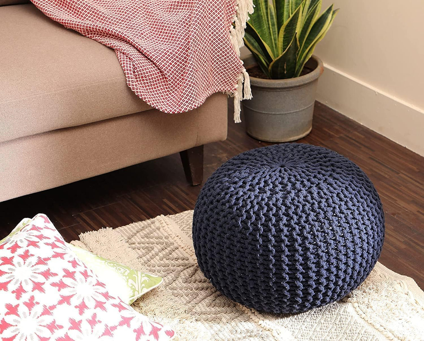 REDEARTH Round Pouf Foot Stool Bean Bag Ottoman - Cable Knitted Cord Boho Pouffe - Poof Accent Bean Bag - Handmade by Artisans for Living Room - Bedroom (19.5"x19.5"x14") - Navy Blue