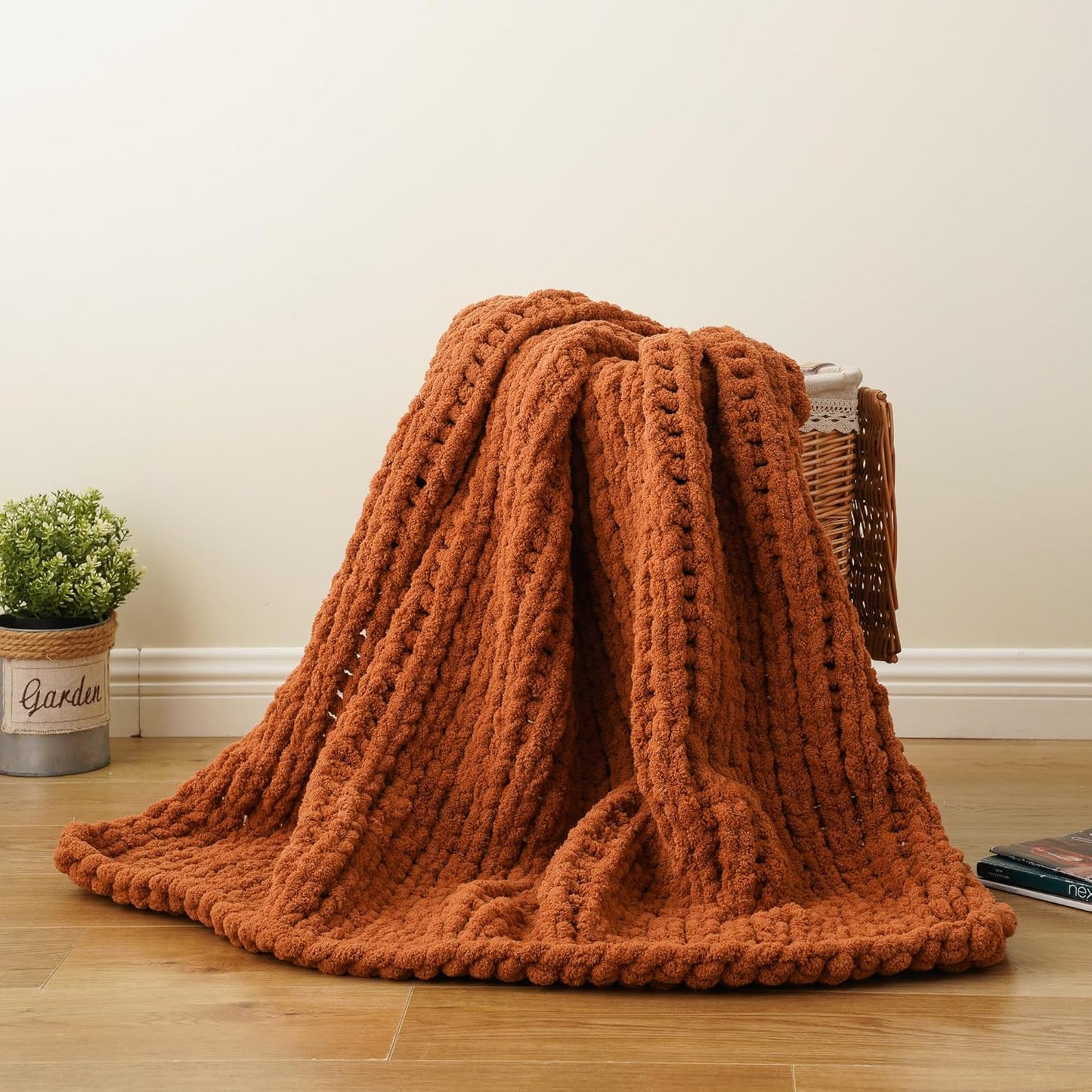 Battilo Chunky Knit Throw Blanket, Soft and Thick Chenille Throw Blanket, 50"x60" Handmade Cable Knit Crochet Blanket, Large Rope Knot Throw Blankets for Couch Sofa Bed Home Decor, Caramel