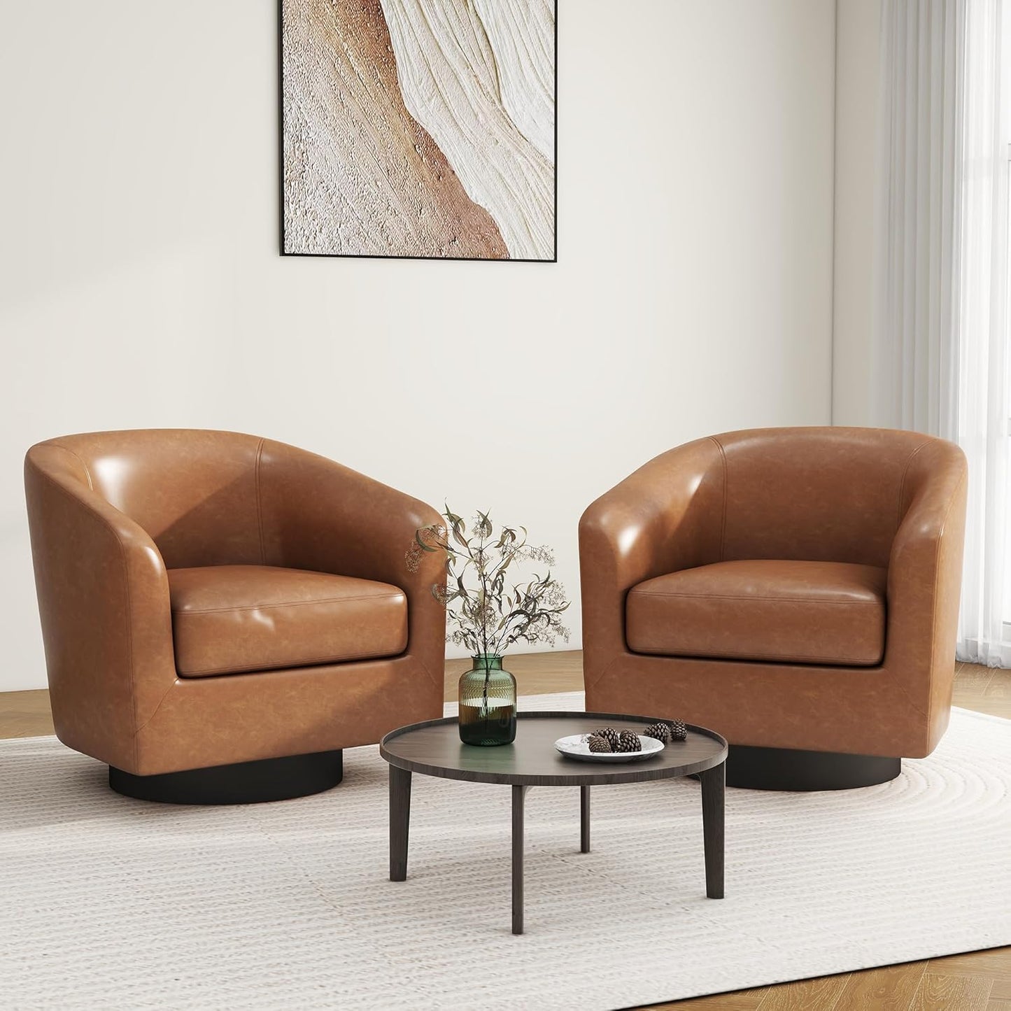 Swivel Barrel Accent Chair, Modern Round Faux Leather Arm Chair for Living Room, Bedroom, Comfy Club Reading Chairs for Adults, Faux Leather Brown, Set of 2