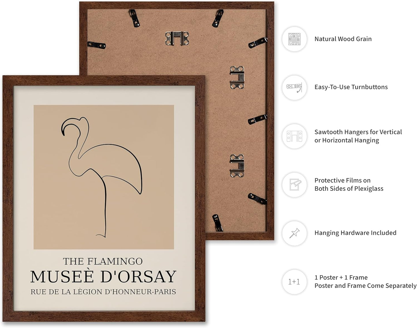 Poster Master Vintage Poster - Retro Minimalist Print - Gift for Artist, Housewarming - Flamingo, Line Drawing, Sketch, Abstract - Wall Decor for Living Room, Bedroom, 16x20 Brown Framed