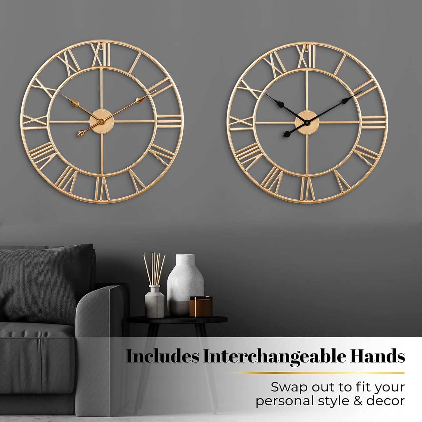 CLXEAST Champagne Gold Metal Wall Clock, Large Roman Numeral 24 Inch Wall Clocks for Living Room Decor,House Warming Gifts New Home