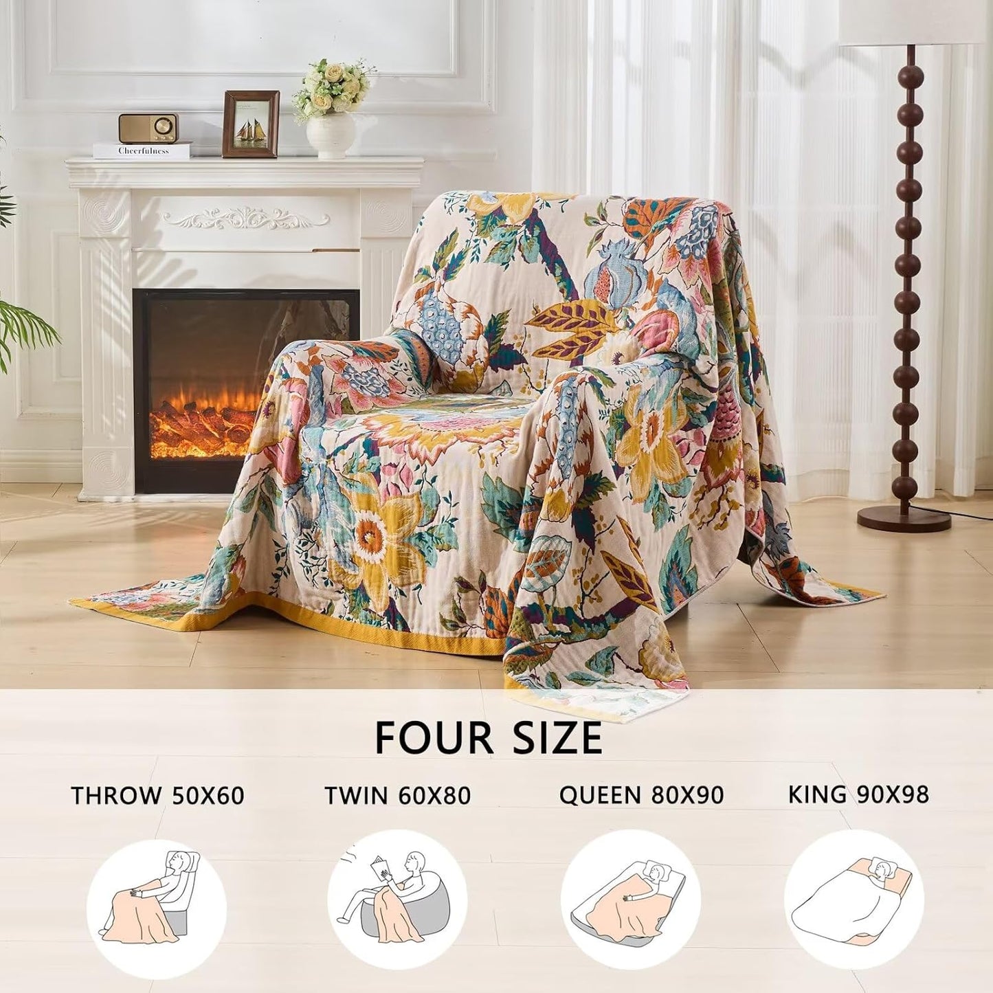 Ultra Soft Lightweight Cotton Quilts,Cozy Summer Boho Throw Blankets,Lightweight Reversible Muslin Blanket Decor Blankets for Armchair Travel, 80"x90" Large Muslin Mexican Throw Blanket