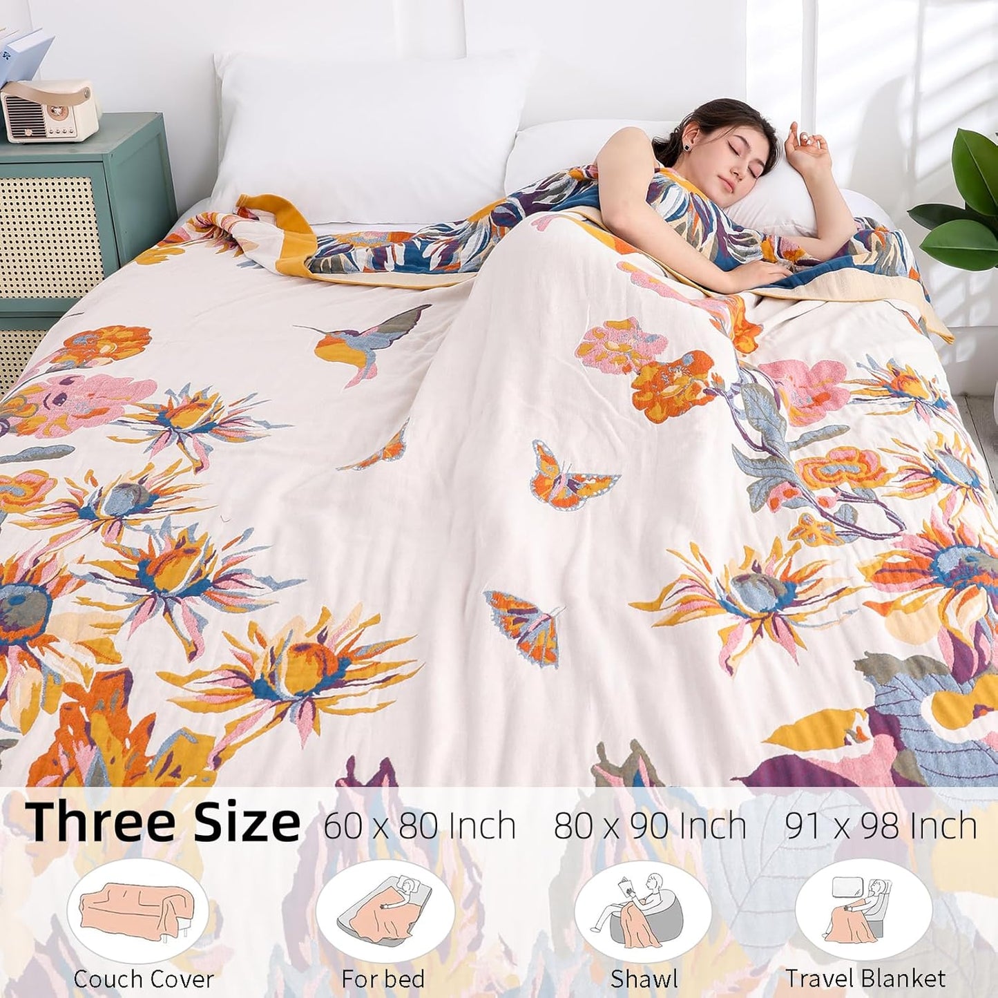 Boho Throw Blanket for Bed - 100% Pure Organic Cotton Ultra Soft Rustic Quilt - Farmhouse Decor Bed Blankets, All Season Rustic Throw for Sofa Couch Chair(91''x 98'', Floral)