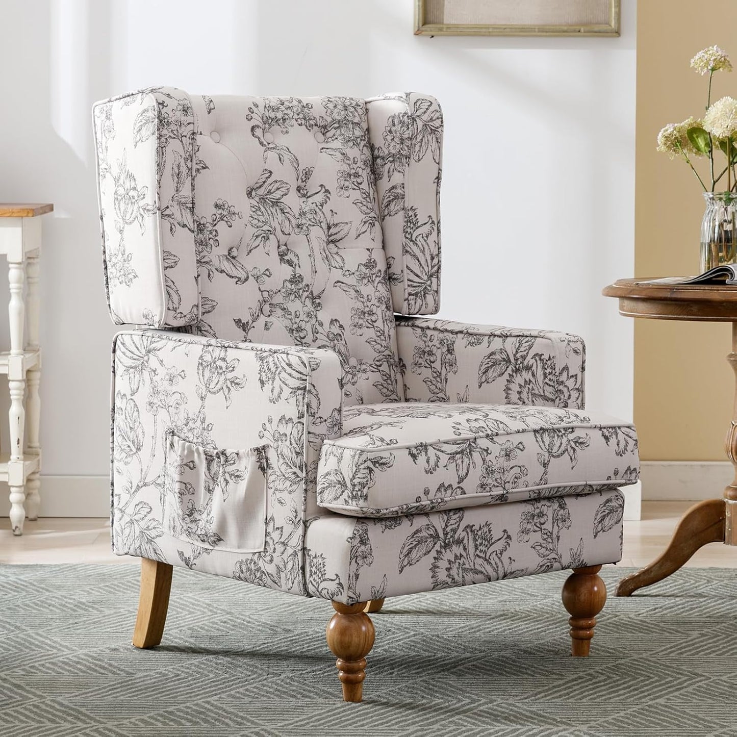 DUOMAY Tufted Accent Chair Set of 2, Modern Linen Upholstered Wingback Side Arm Chair for Living Room Bedroom with Wood Legs, Comfy Reading Guest Chair for Office, Beige Flower Pattern