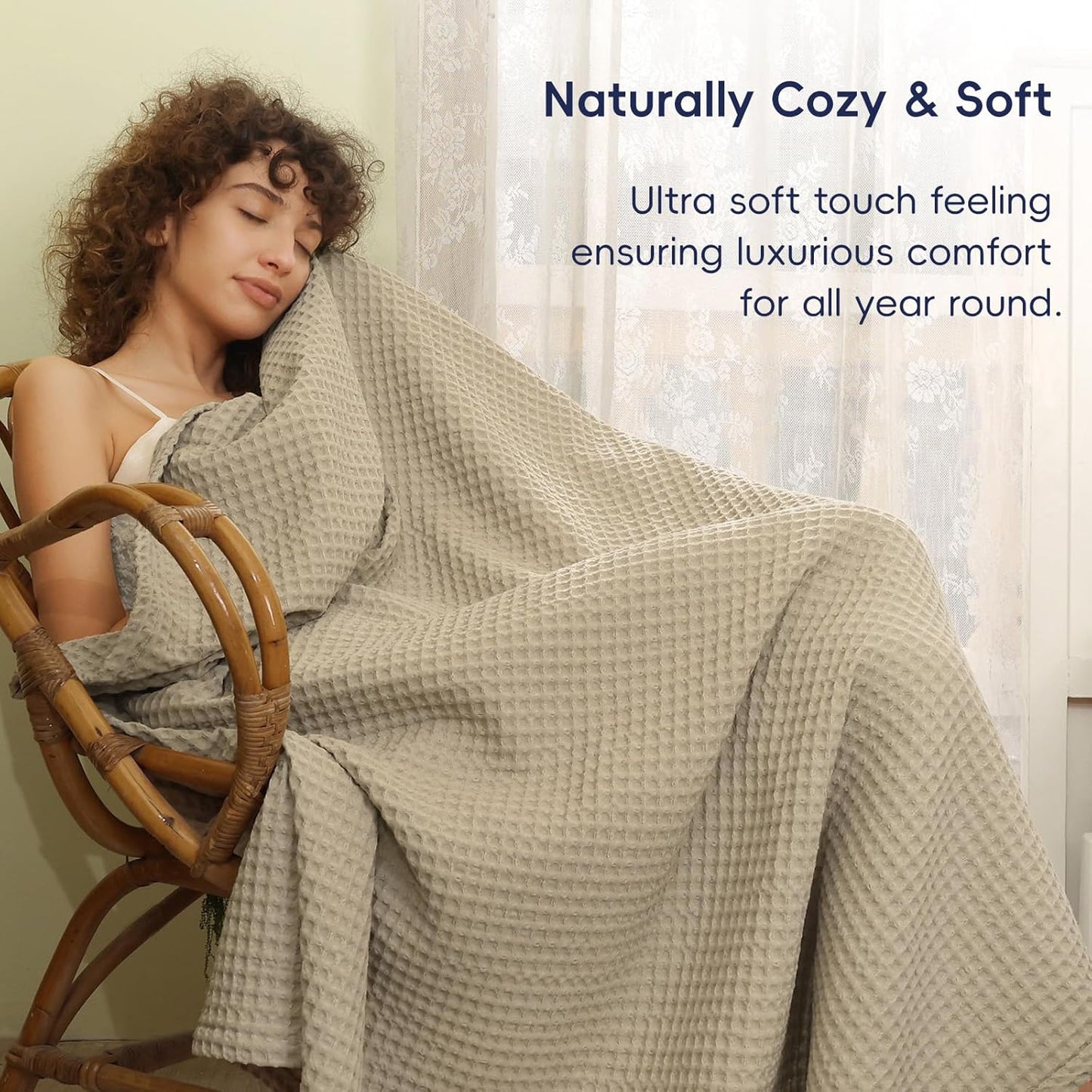 PHF Ultra Soft Waffle Weave Blanket Queen Size 90"x 90"- Washed Lightweight Breathable Cozy Woven Blanket for Bed - Aesthetic Decor for Couch Bedding Sofa Home Car - Khaki