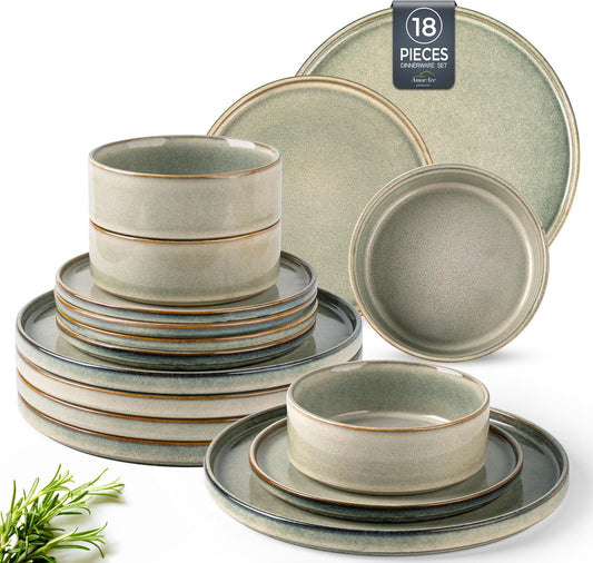 AmorArc Ceramic Dinnerware Sets, Handmade Reactive Glaze Stoneware Plates and Bowls Sets,Highly Chip and Crack Resistant | Dishwasher & Microwave Safe Dishes Set, Service for 6 (18pc)
