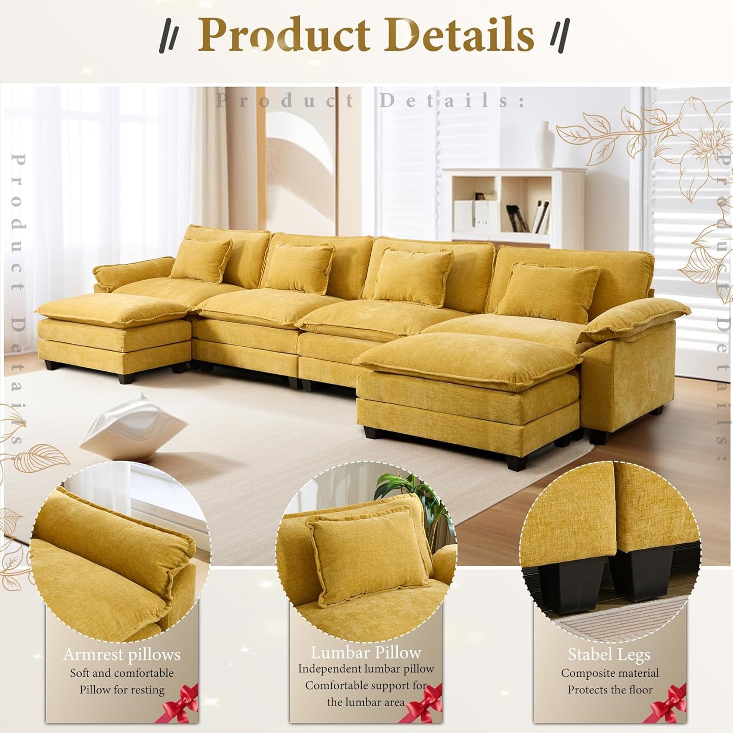 URRED Modular Sectional Sofa Comfy Cloud Couch, Modern Chenille Sofa Sleeper Deep Seat Couches with Ottoman/Pillows for Living Room (Yellow, 154'' - U Shape)