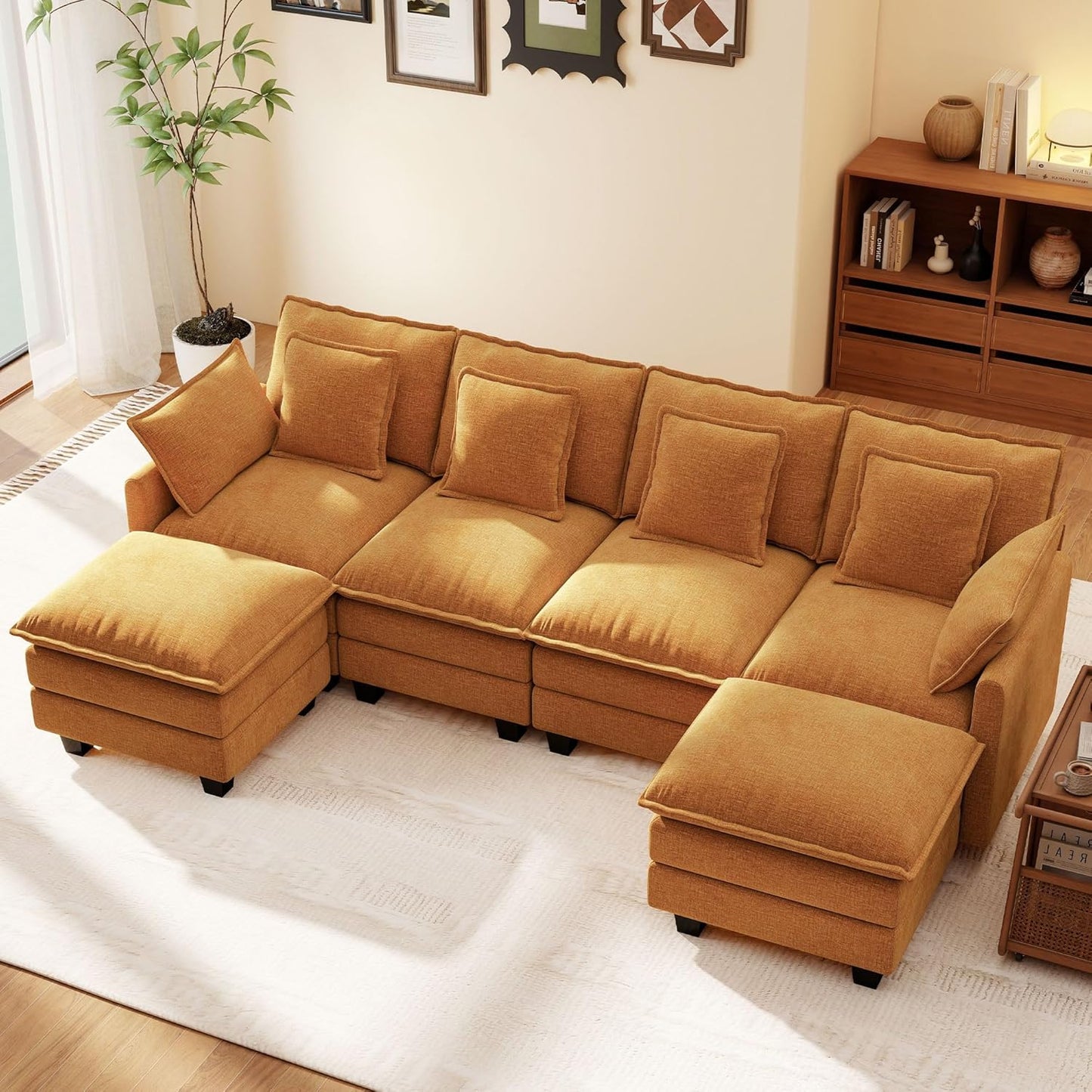 Ihanherry 106" L Shaped Modular Sectional Cloud Sofa, Modern 6 Seat Chenille Couch with Ottoman for Living Room, Bedroom and Apartment, Orange