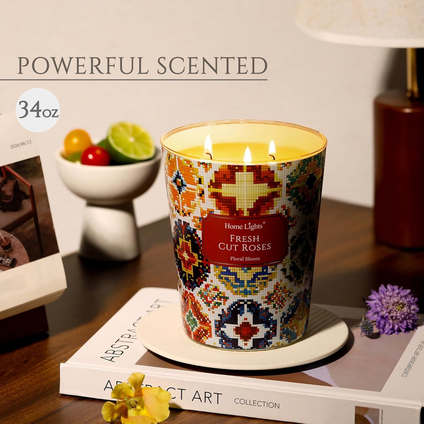 HomeLights 3-Wick Candles for Home Scented - 34oz Soy Wax Blend Candle Long-Lasting Fragrance, Bohemian Natural Textures Home Decor and Housewarming Gifts, Fresh Cut Roses