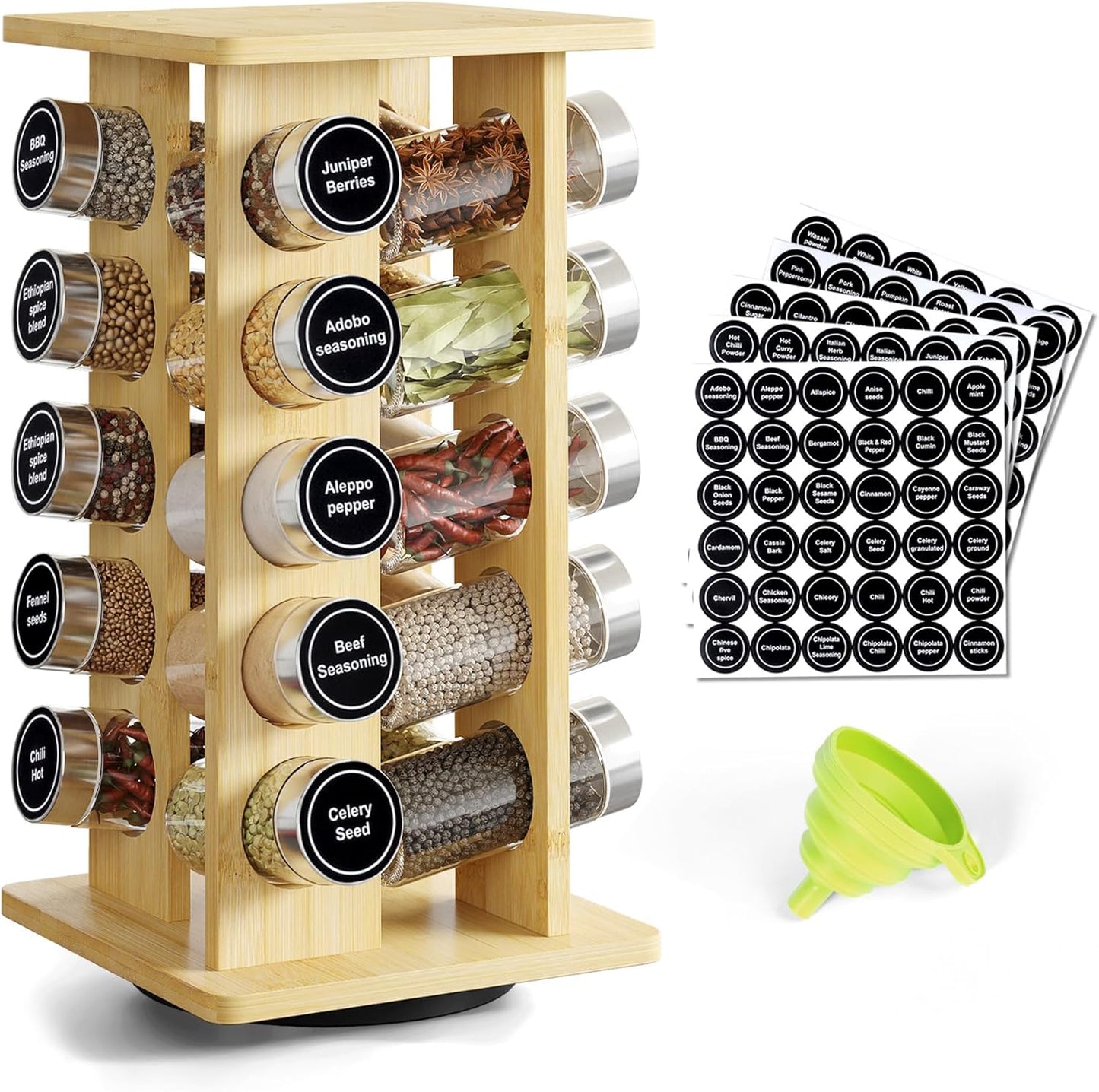 WelFurGeer Bamboo Spice Rack Organizer for Countertop, Revolving Spice Shelf with 20 Glass Jars, Lids & Labels, Desktop Rotating Seasoning Organizer for Kitchens, Space-Saving Design