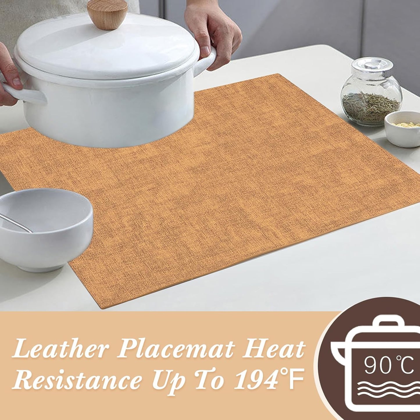 SUEH DESIGN Leather Placemats Set of 6 Reversible Table Mats Heat Resistant Waterproof No-Slip Place Mats for Dining Table Kitchen Parties, Camel and Beige