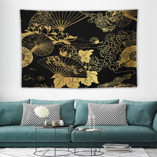 HZOHNAGO Japanese Tapestry Gold Flowers Umbrella Fan Pattern Printed Wall Tapestry Painting Wall Hanging for Bedroom Living Room Dorm 90" W x 60" H