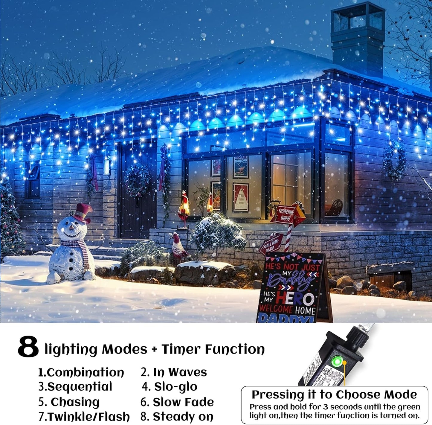 33ft Icicle Lights for Outside, Blue and White Christmas Lights Outdoor Indoor, 400 LED Twinkle String Light with 75 Drops Short Curtain Light for Thanksgiving Room Home Wall Bedroom Window Decoration