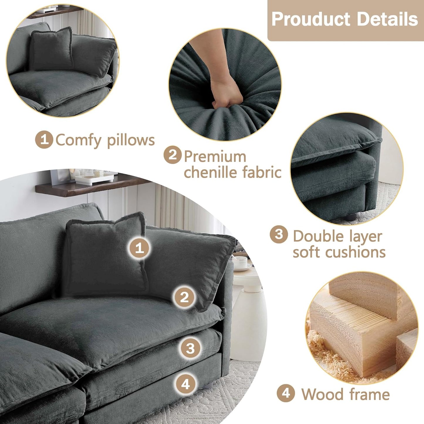 Sectional Sofa 3 Seater with Movable 2 Ottomans,Oversized Modular Couch Deep Seat (Grey, 111.5 inch-U)