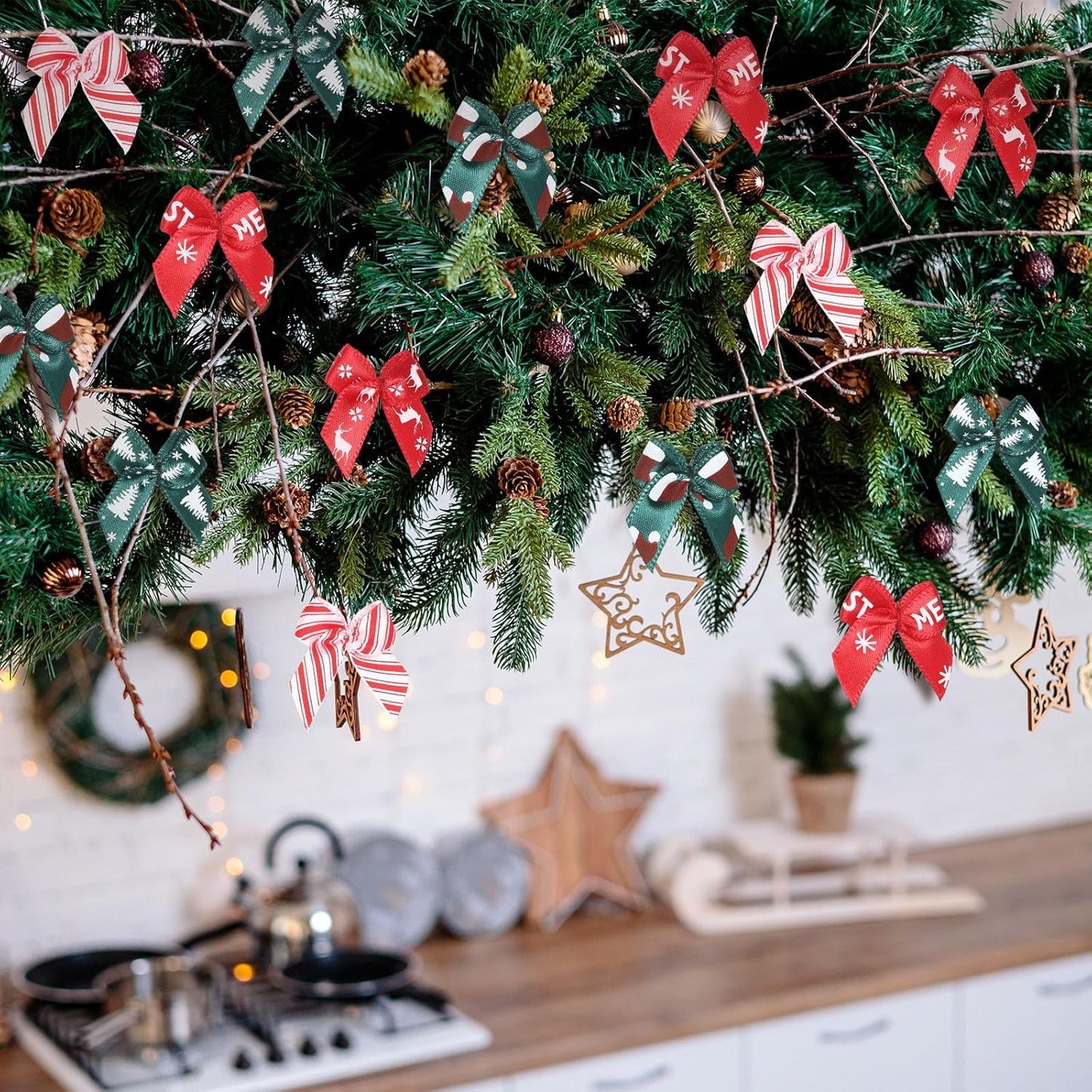 Syhood 150 Pcs Christmas Mini Bow Tiny Twist Tie Bow Handmade Craft Ribbon for DIY Sewing Party Decor(Red and Green,Patterned)