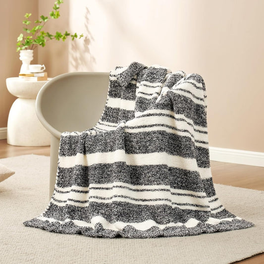 Snuggle Sac Stripe Black Throw Blanket for Couch, Reversible Super Soft Warm Blankets Cozy Knit Fuzzy Plush Lightweight Throws for Sofa, Bed, Stripe Black, 50x60 inches