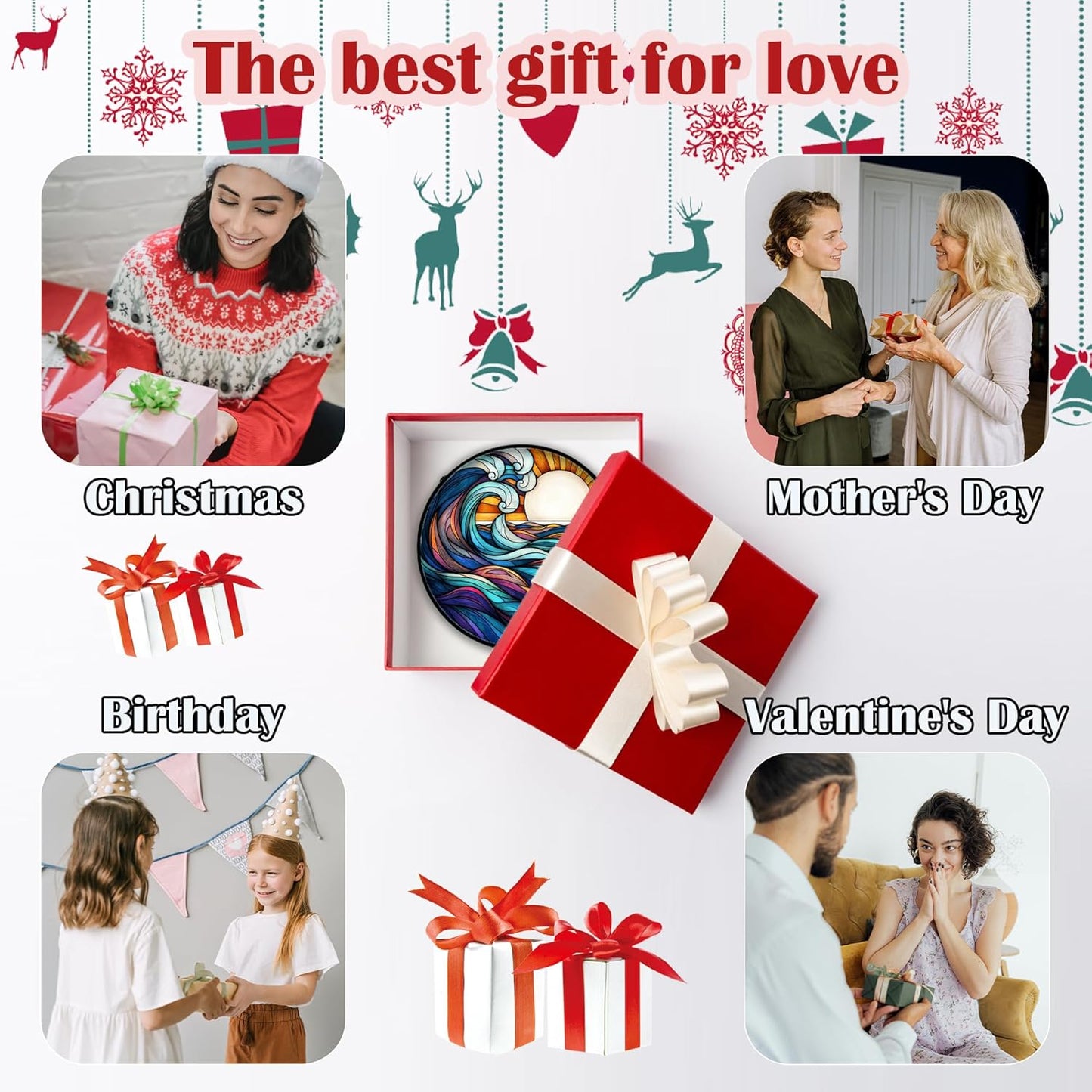 Stained Glass Window Hanging, Big Wave Sun Suncatcher Diamond Glass Panel Hangings Abstract Sun Catchers Decor for Birthday for Women, Men, Wife, Aunt, and Mom 14.9x14.9 in