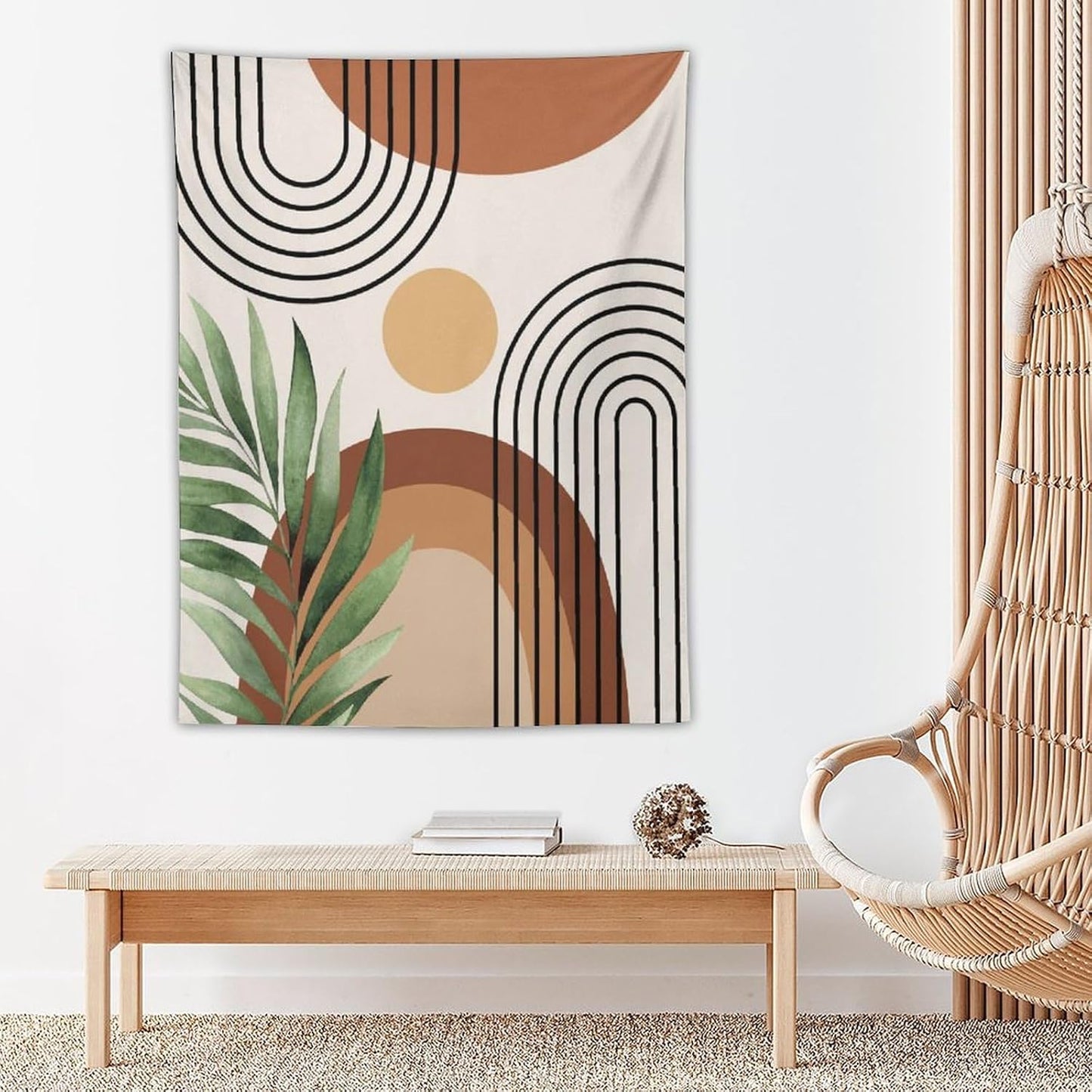 Abstract Bohemian Mid Century Tapestry, Tropical Leaves Modern Geometric Archway Minimalist Bohemian Botanical Aesthetic Wall Hanging, Sage Green Gold Home Decor Art for Bedroom 60x80 Inch