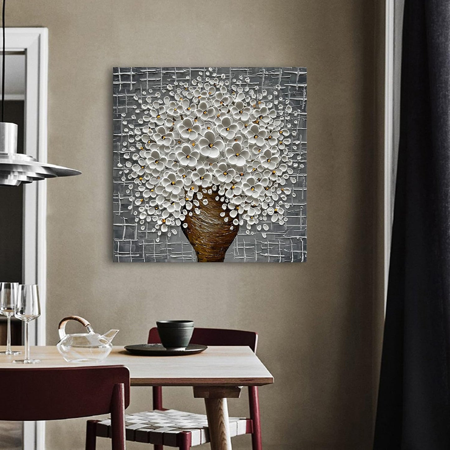 Epicler Hand-Painted 3D Abstract Modern Oil Painting Wall Art,24x24 Inch White Flower Painting, Flower Wall Art Painting,Living Room Bedroom Wall Decoration Oil Painting Ready to Hang