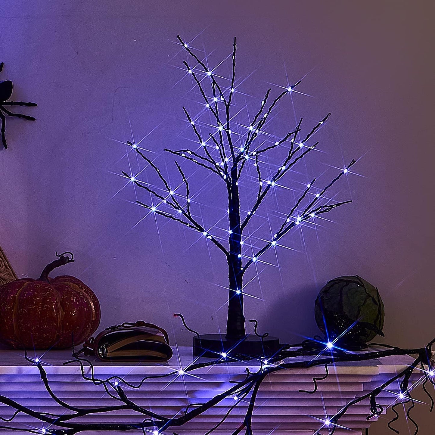 Fudios Lighted Halloween Tree with Timer 80 LED Purple Lights USB Plug or Battery Operated,18in Pre-lit Spooky Black Trees Table Indoor Home Decor