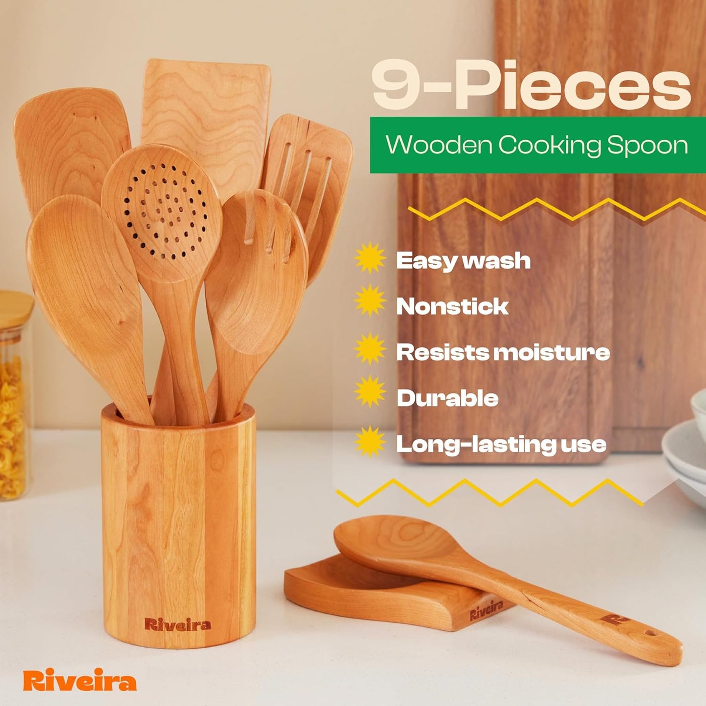 Riveira Cherry Wooden Spoons for Cooking Set of 9 – Natural Cherry Wooden Cooking Utensils, Wooden Spatula, Wooden Spoon - Premium Quality Wooden Utensil Set for Non-Toxic Cooking