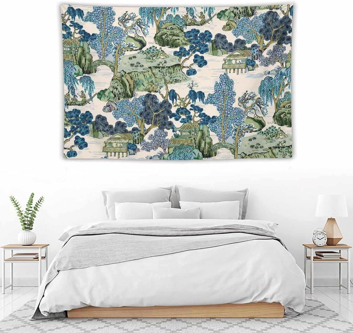 Chinoiserie Tapestry,Asian Watercolor Abstract Art Tapestry,Asian Japanese Wall Tapestry, Nature Landscape Tapestries for Bedroom Living Room Decor 60"x40"