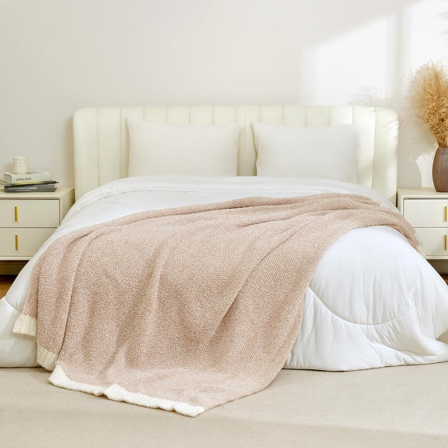 Snuggle Sac Heather Beige Throw Blanket for Couch, Ultra Soft Warm Blankets Cozy Knit Fuzzy Plush Lightweight Throw XL Size for Sofa, Bed, Heather Beige, 50x70 inches
