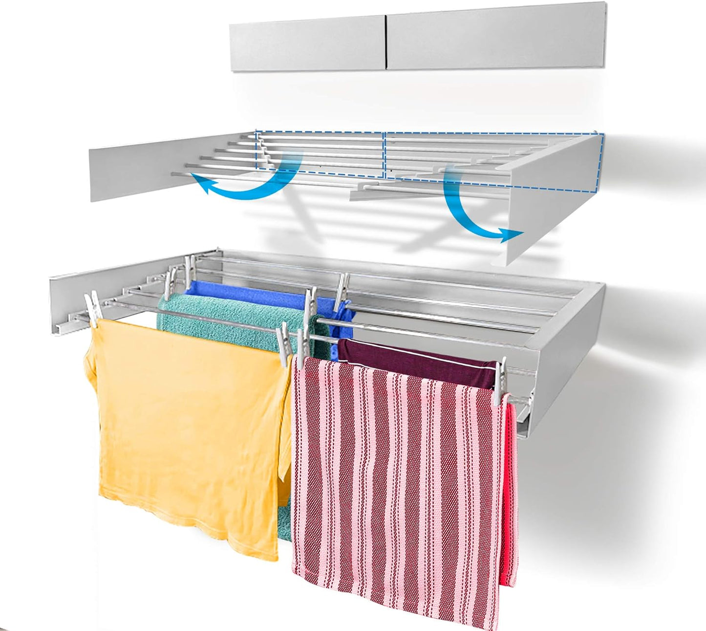 Step Up Laundry Drying Rack, Wall Mounted, Retractable Clothes Drying Rack, 60lbs Capacity, 20 Linear Ft, with Wall Template and Long Screwdriver Bit (40" White)