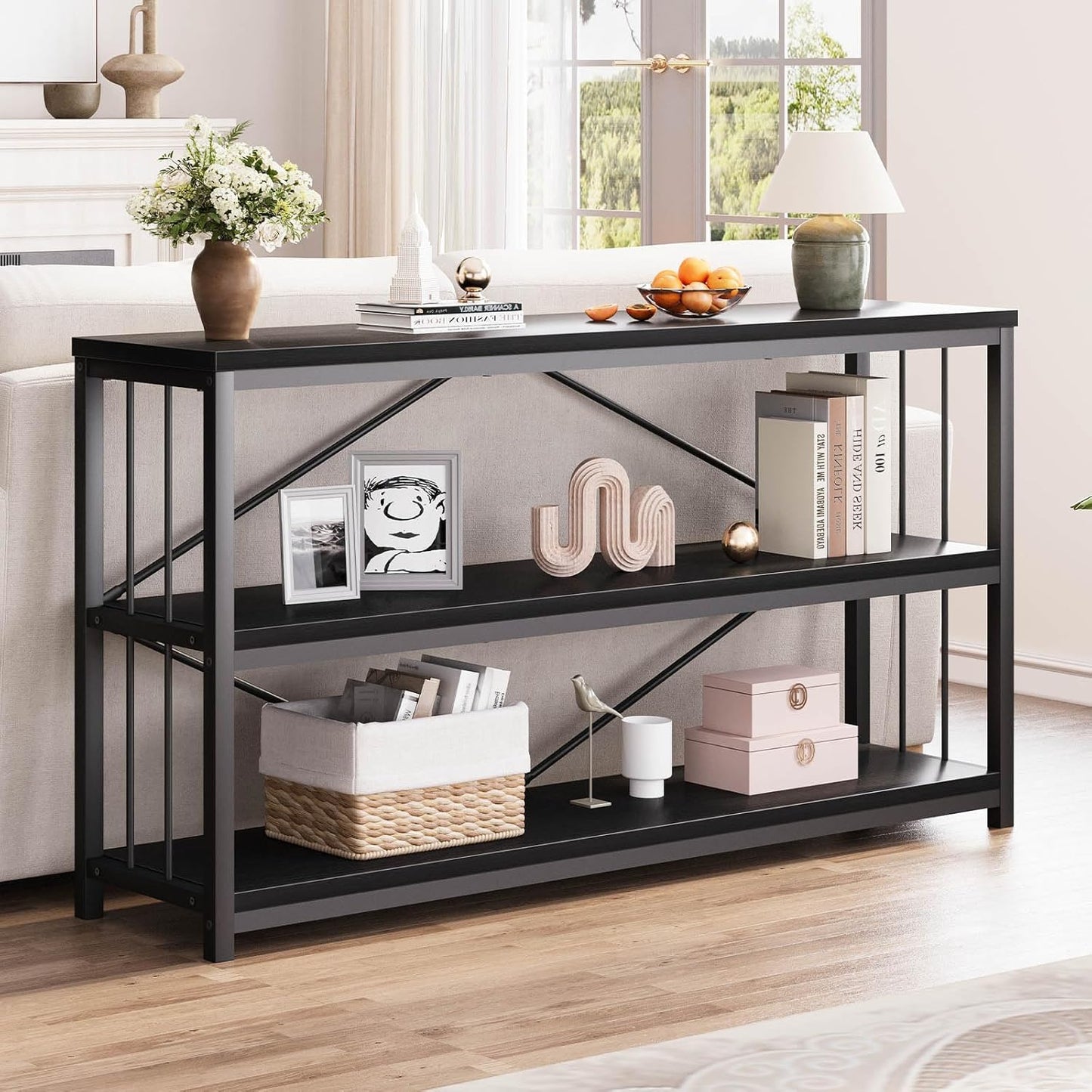LVB Black Console Table, Modern Entryway Table for Hallway Living Room, Industrial Sofa Table Behind Couch, Farmhouse Wooden Metal Entry Table for Foyer with 3-Tier Storage Shelves, Black Oak, 55 Inch