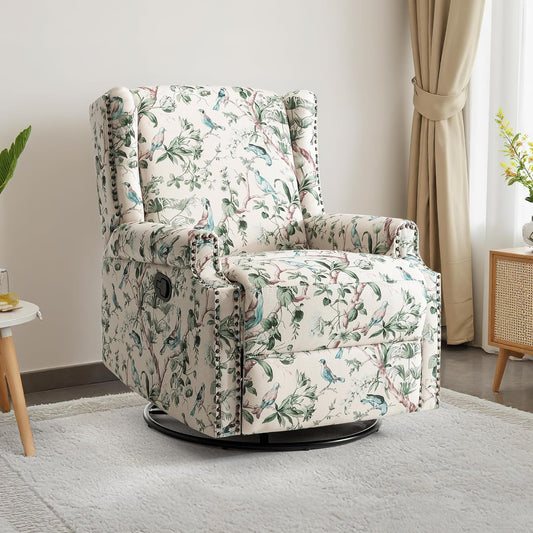 UIXE Swivel Rocker Manual Recliner Chair, Wingback Swivel Glider Fabric Nursery Reclining Sofa Chair, High Back Upholstered Arm Chair for Living Room Bedroom - Bird Pattern