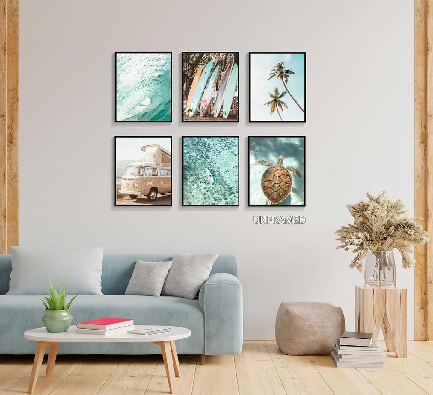 EVPYXFUT Set of 6 Tropical Beach Canvas Wall Art Surf Poster Summer Ocean Coastal Pictures Turtle Print Palm Tree Surfboard Gallery Paintings Nautical Bus Wall Decor for Bedroom Bathroom Unframed
