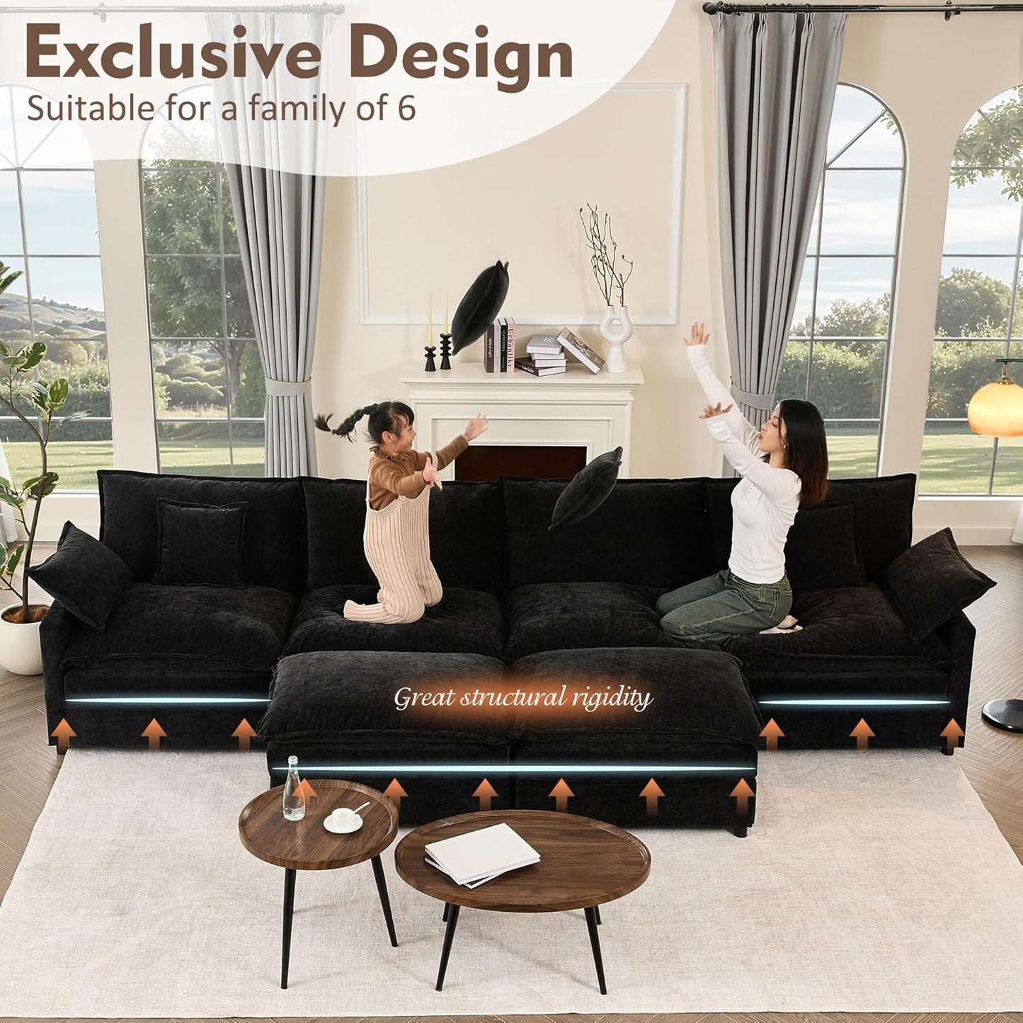 142.5" U Shaped Couch, Modular Sectional Sofa, 3-Seater Comfy Cloud Couch with Movable Ottoman, Deep Seat Couches for Living Room, Chenille, Black