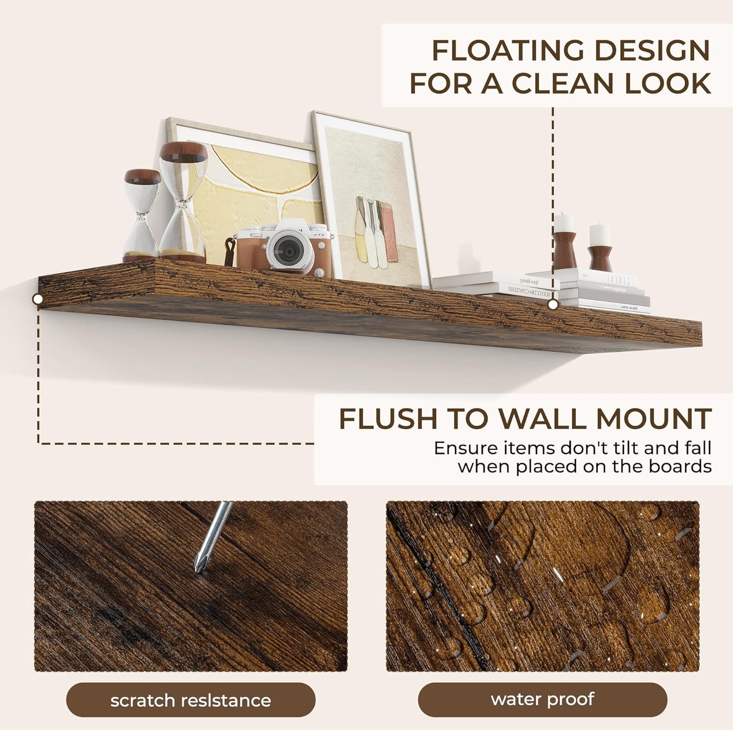 RICHFOCUS 55Inch Floating Shelves for Wall 2 Pack Shelves for Bedroom|Kitchen|Bathroom Wall Mounted Rustic Wood Floating Shelf with Invisible Brackets for Books|Storage|Decor, Rustic Brown