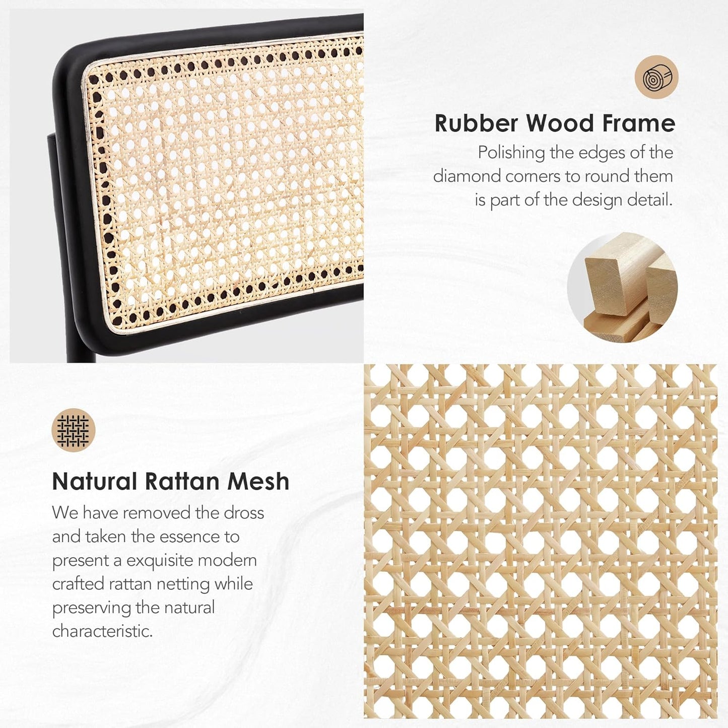 Natural Rattan Dining Chairs Set of 4, Modern Kitchen Chairs with Solid Wood Back, Upholstered Cesca Side Chairs with Comfy Linen Cushion