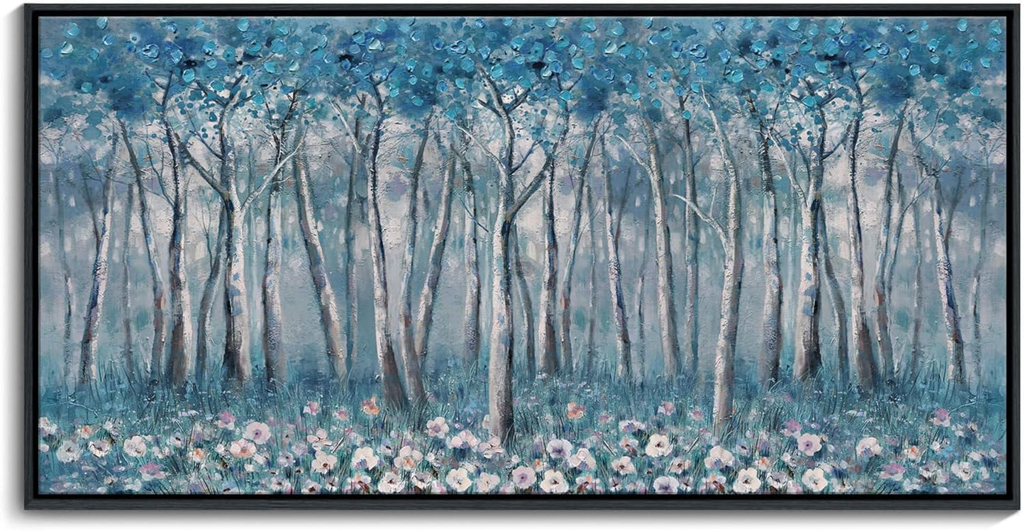 DUNHUANG ART Blue Tree Canvas Wall Art - Large Size Teal Abstract Painting for Home Office Living Room Bedroom Bathroom - Black Framed - Wall Decor Living Room 20"x40"