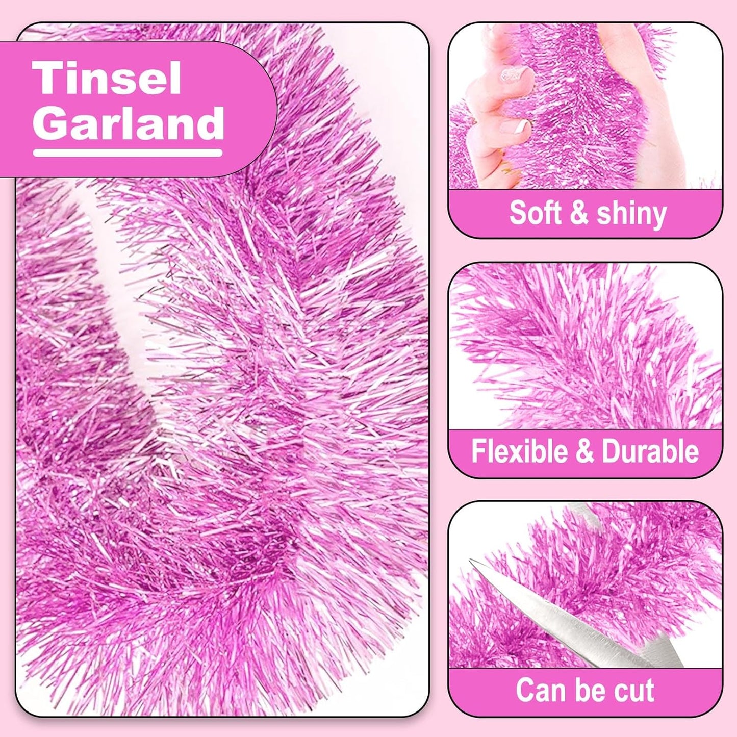 Macaron Pink Metallic Twist Tinsel Garland - 50ft x 2in Wall Hanging Backdrop for Christmas Eve, New Year & Valentine's Day Parties