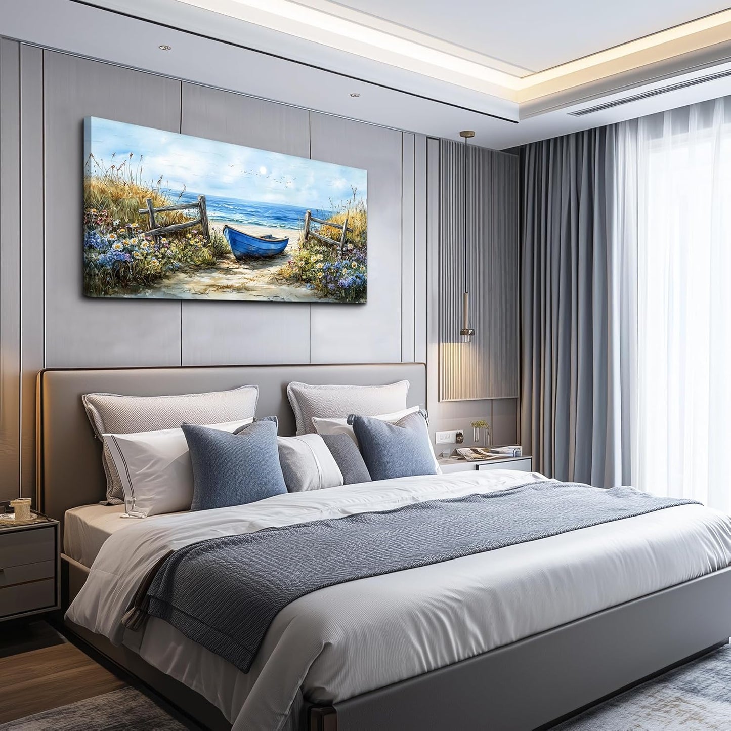 ZUITINGHUA Large Wall Decor For Living Room Canvas Wall Art For Office Modern Wall Decorations For Bedroom Boat Landscape Painting Seaside Pictures Artwork Room Home Decor 24x48 In