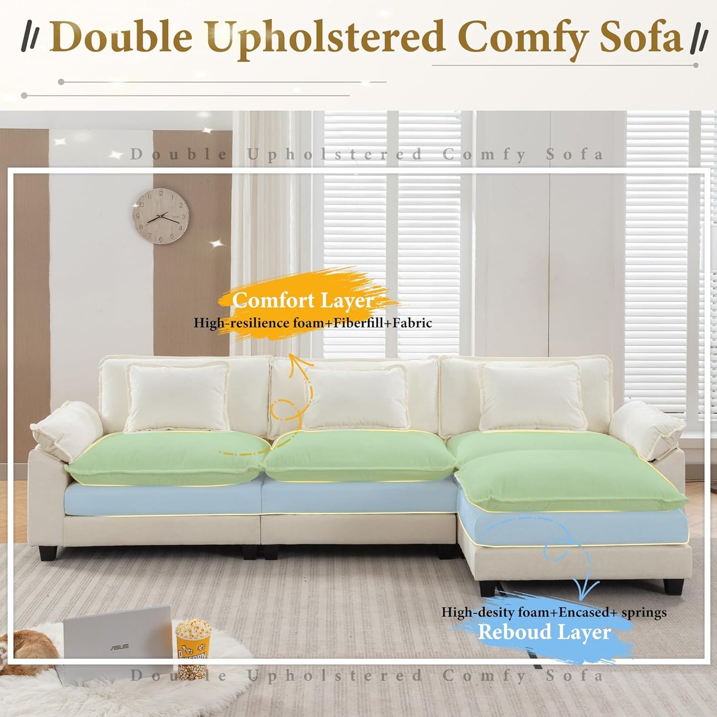 URRED Modular Sectional Sofa Comfy Cloud Couch, Modern Chenille Sofa Sleeper Deep Seat Couches with Ottoman/Pillows for Living Room (White, 117''- L Shape)