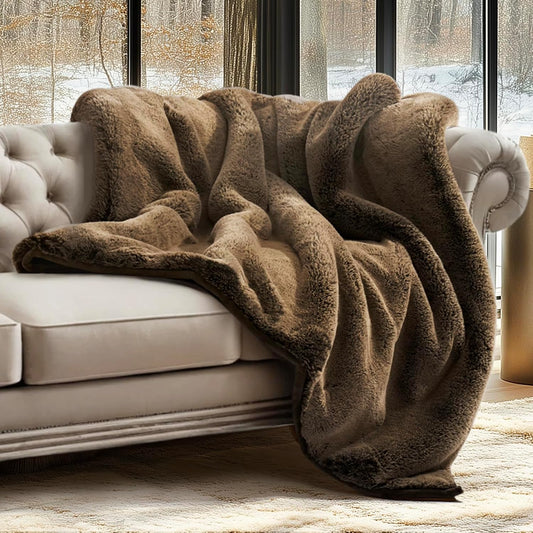 Luxury Soft Faux Chinchilla Fur Throw Blanket for Couch, Warm Thick Heavy Winter Throw Blanket 1220GSM for Bed, Fluffy Cozy Mink Blanket with Reversible Velvet, Brown Sable, 50"x60"