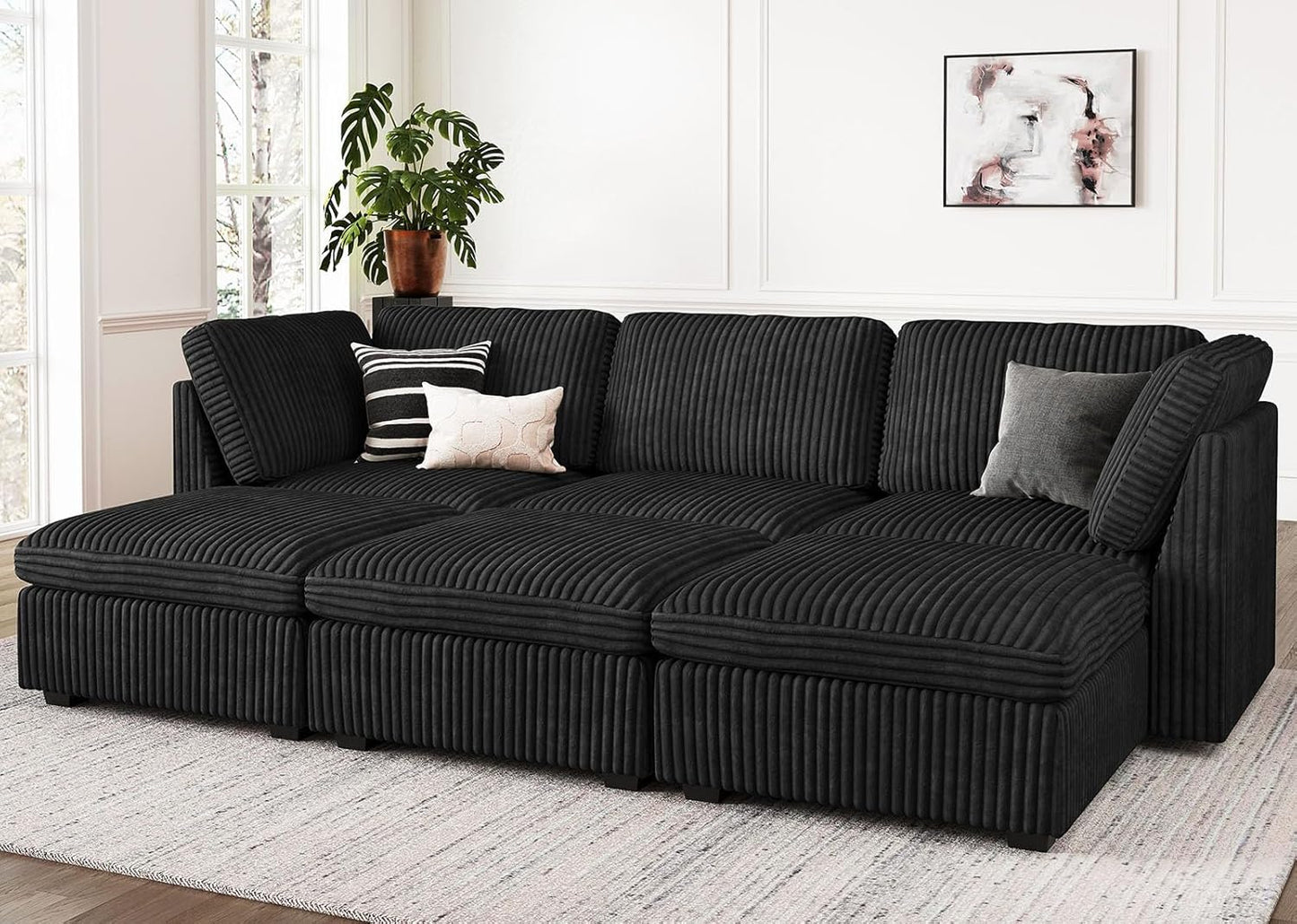 Belffin Modular Sectional Sofa with Sleeper Sofa, Oversized Cloud Couch with Extra Deep Seat, Upholstered 6 Seat Sectional Couches for Living Room, Plush Corduroy Black