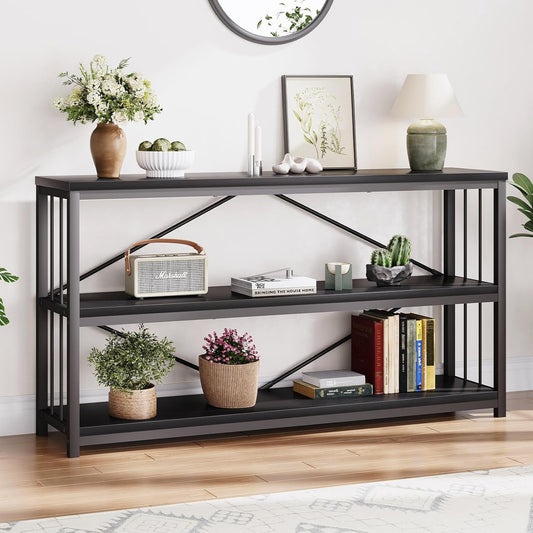 LVB Black Console Table, Modern Entryway Table for Hallway Living Room, Industrial Sofa Table Behind Couch, Farmhouse Wooden Metal Entry Table for Foyer with 3-Tier Storage Shelves, Black Oak, 55 Inch
